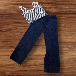 Free People Movement Fuzzy Navy Blue Striped Tank Top and Blue Pants Set NWT